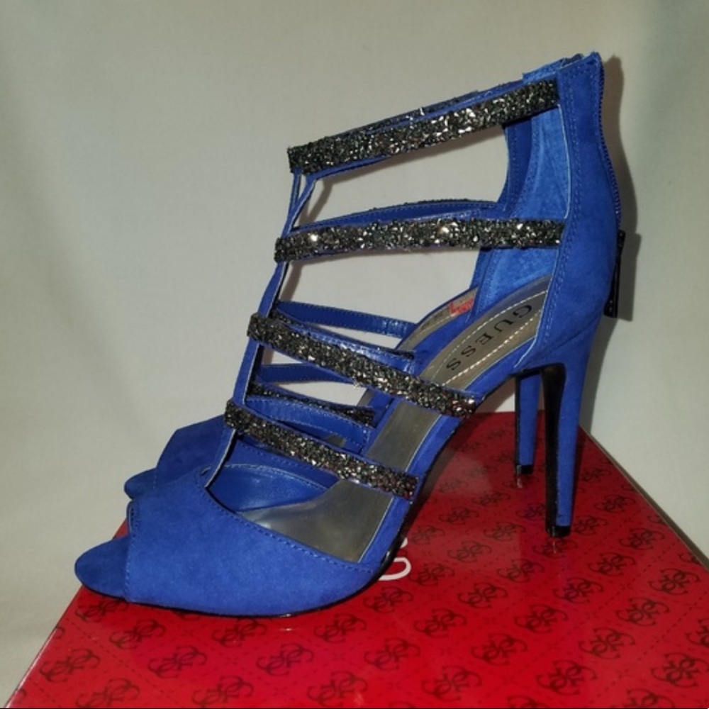 New Guess Sparkly Cobalt Open Toe Strappy Heels - image 1